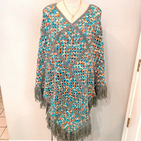 Handmade Jackets & Blazers - Granny Square Crochet Handmade Knit Shawl Cape Poncho Boho Festival Hippie